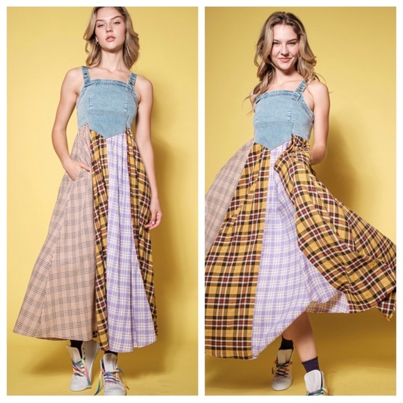 Boho Denim Multi Fabric Pleated Suspender Dress - Picture 3 of 5